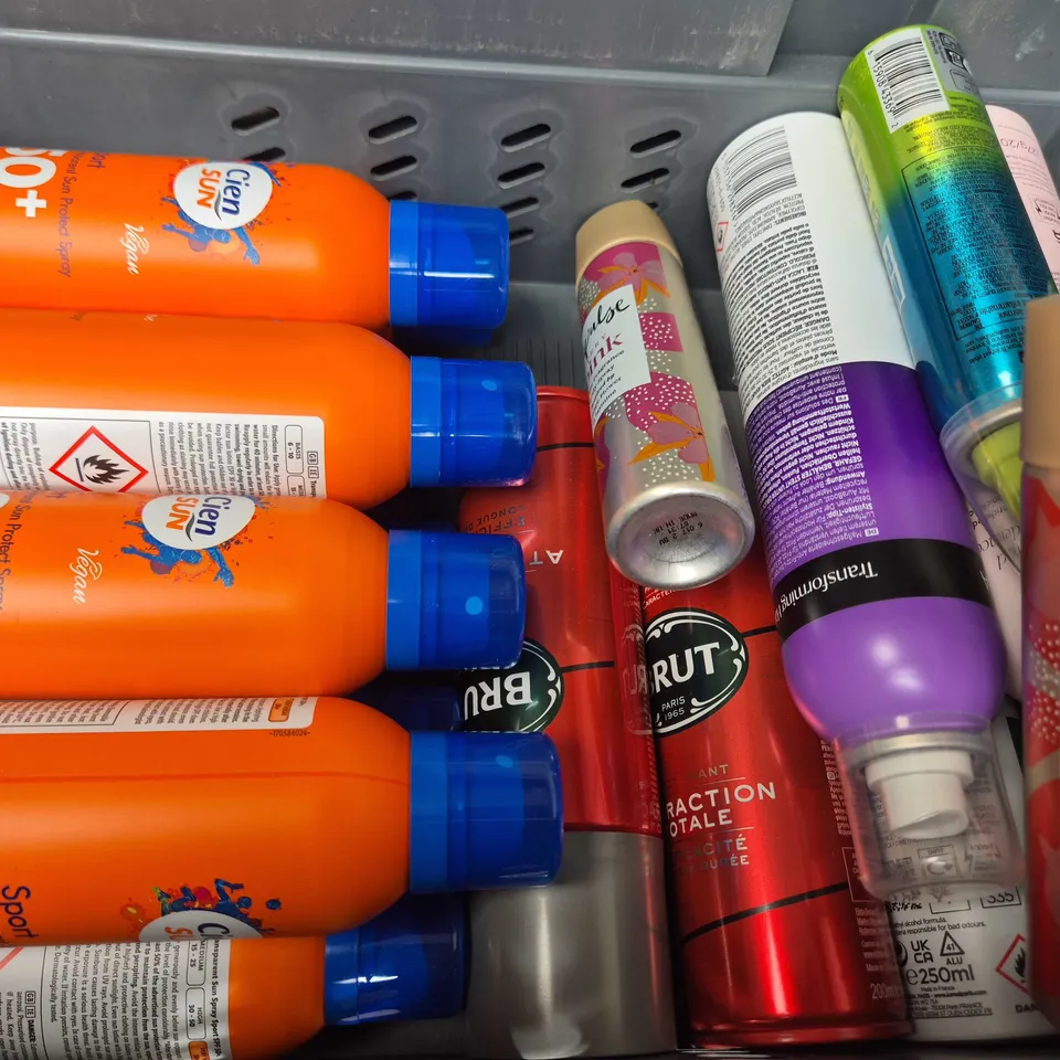 APPROXIMATELY 15 ASSORTED AEROSOLS TO INCLUDE BRUT , JOHN FRIEDA AND CIEN SUN