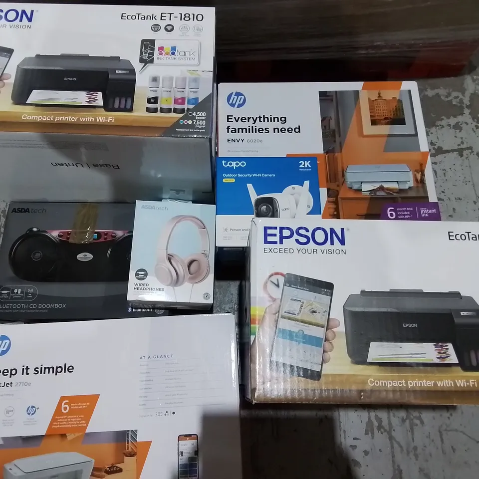 PALLET CONTAINING A LARGE QUANTITY OF ASSORTED TECH ITEMS TO INCLUDE EPSON ET-1810, BLUETOOTH BOOMBOX AND TAPO WI-FI CAMERA