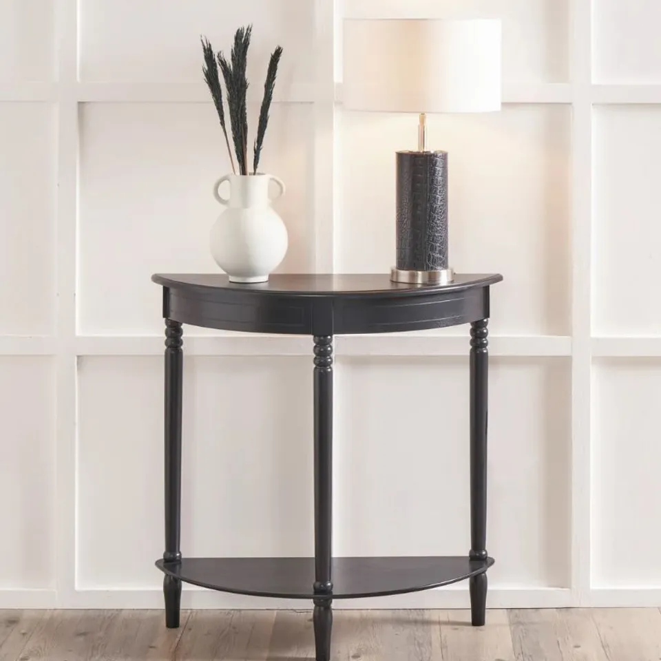 BOXED PACIFIC LIFESTYLE - HERITAGE BLACK PINE WOOD HALF MOON CONSOLE TABLE (1 BOX)