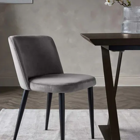 BOXED PAIR OF DANETTI TRINNY BLACK METAL DINING CHAIRS IN DARK GREY PLUSH VELVET