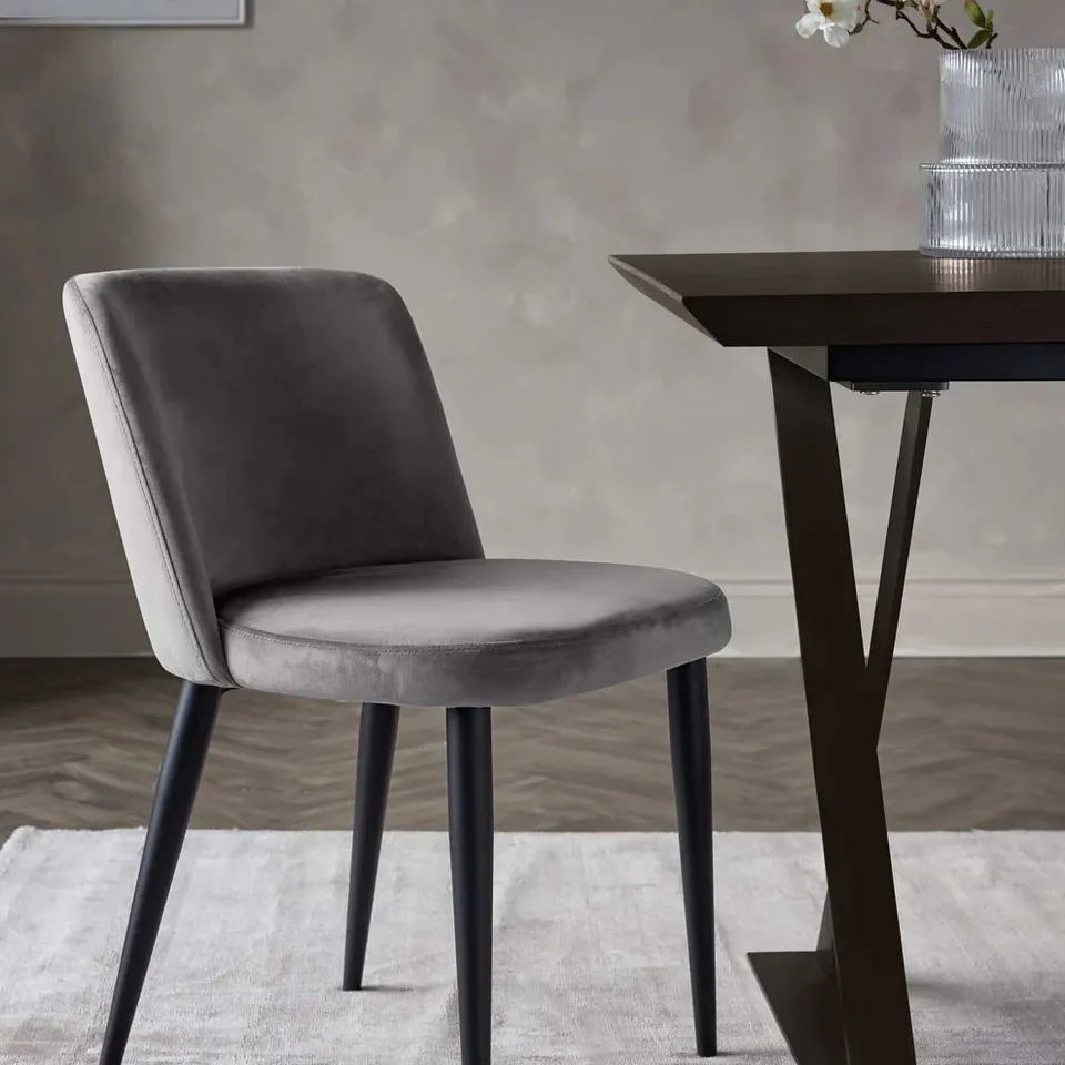 BOXED PAIR OF DANETTI TRINNY BLACK METAL DINING CHAIRS IN DARK GREY PLUSH VELVET