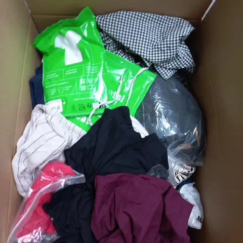 LARGE BOX OF APPROXIMATELY 25 ASSORTED CLOTHING ITEMS IN VARIOUS COLOURS, STYLES AND SIZES - COLLECTION ONLY