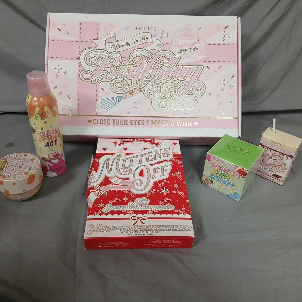 BOXED PLOUISE GIFT SET TO INCLUDE;; LAY IT ON THICK, CLEAN UP YOUR ACT, MITTENS OFF, WHAT'S THE SCOOP AND YOUR ONLY SOAP