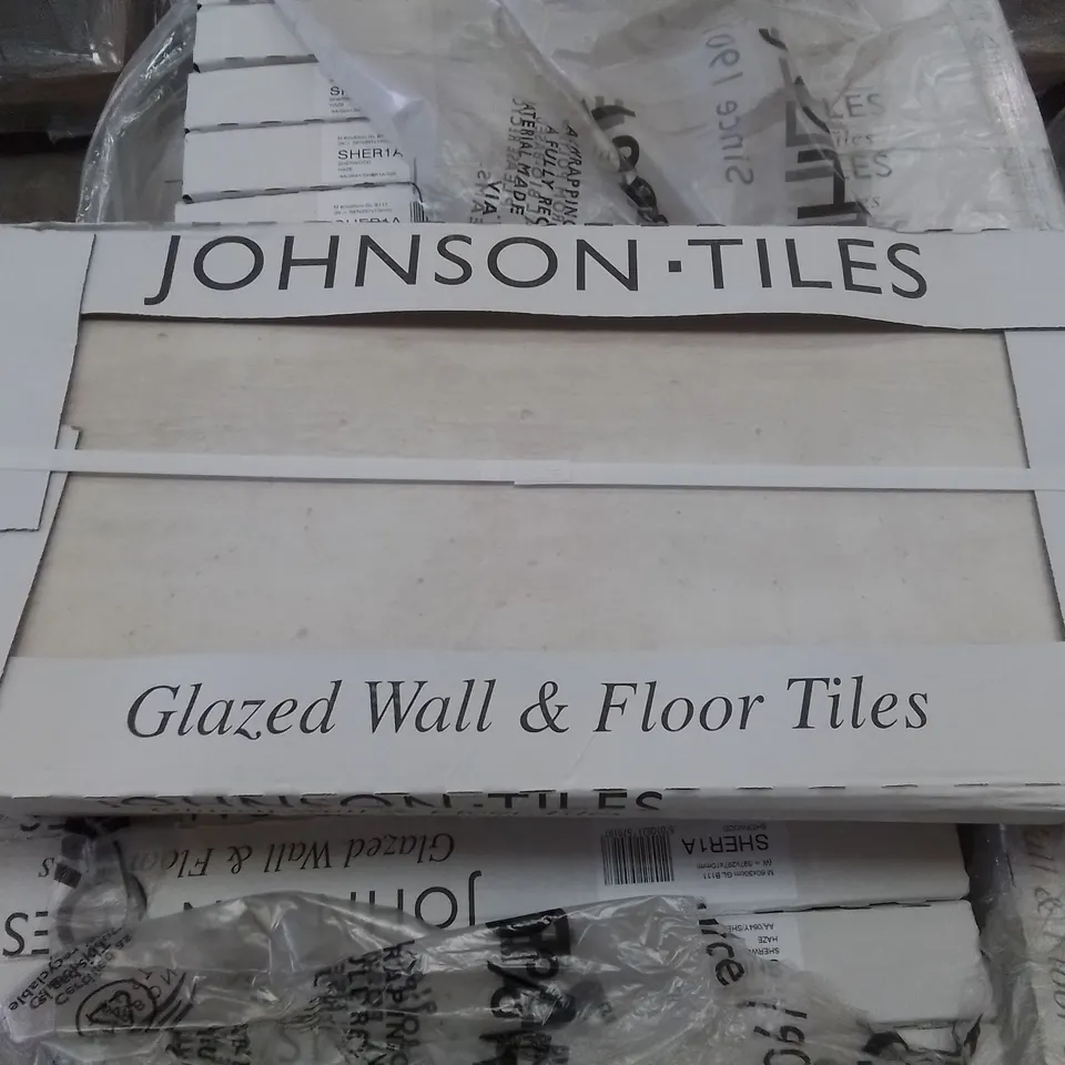 PALLET TO CONTAIN APPROXIMATELY 40 X PACKS OF JOHNSON SHERWOOD HAZE GLAZED WALL & FLOOR TILES - 5 TILES PER PACK // TILE SIZE: 597 X 297 X 10MM