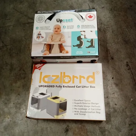 PALLET OF ASSORTED HOUSEHOLD GOODS AND PRODUCTS TO INCLUDE; BABY UPRIGHT SEAT, ENCLOSED CAT LITTER BOX, BOXED FURNITURE ETC