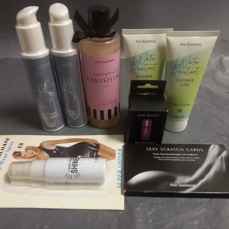 LOT OF 8 ASSORTED PERSONAL PLAY ITEMS TO INCLUDE ALOE VERA LUB, MINI BULLET, LATEX WEAR SPRAY AND SEXY SCRATCH CARDS