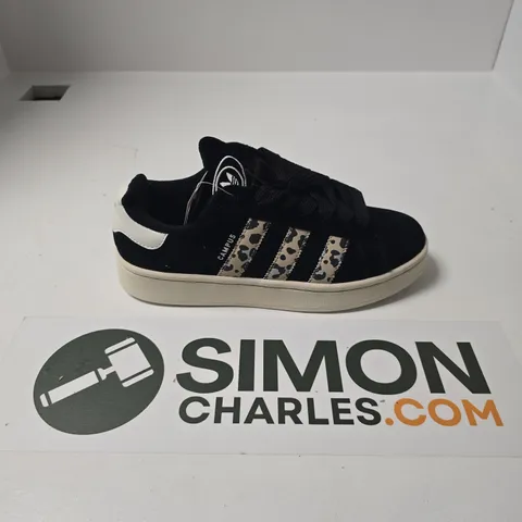 UNBOXED PAIR OF ADIDAS CAMPUS TRAINERS IN BLACK/ANIMAL PRINT - UK 6.5