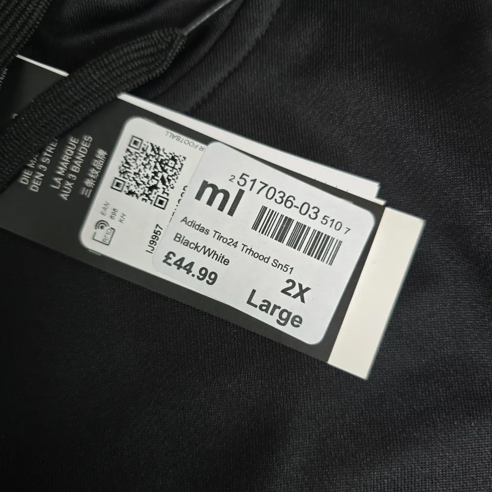 ADIDAS HOODED SWEATSHIRT – BLACK WITH WHITE 3-STRIPES, UK 2XL