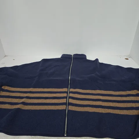 TAMSY STRIPED NAVY OVERSIZED CARDIGAN WITH ZIP FRONT - ONE SIZE 
