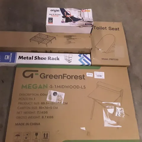 PALLET OF ASSORTED PRODUCTS INCLUDING TOILET SEAT, METAL SHOE RACK, COMPUTER DESK, METAL BED FRAME, ENYAA MOP & BUCKET