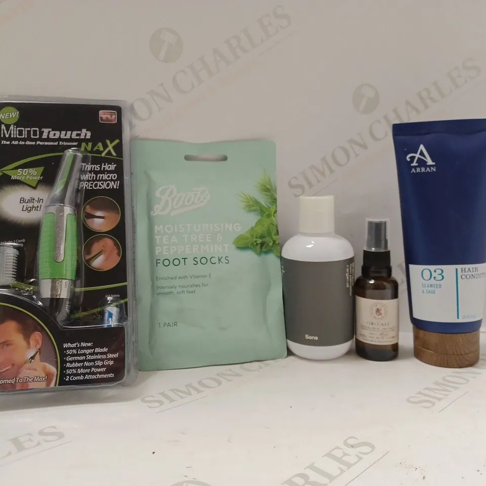 BOX OF APPROX 20 ASSORTED HEALTH AND BEAUTY ITEMS TO INCLUDE - ARRAN 03 HAIR CONDITIONER - BOOTS MOISTURISING TEA TREE & PEPPERMINT FOOT SOCKS - MIORO TOUCH NAX SHAVER ECT