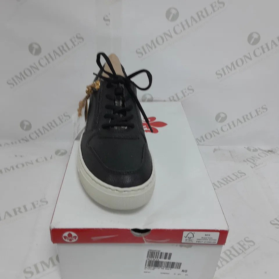 BOXED PAIR OF RIEKER CHUNKY SOLE ZIP TRAINERS IN BLACK SIZE 7.5