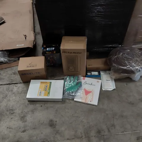 PALLET OF ASSORTED ITEMS INCLUDING: FLEECE BLANKET, ACTION FIGURES, FAN HEATER, STOOL, UNDERWEAR, PHONE AND SMART WATCH CASE, SCREWDRIVER SET, GARDENING GLOVES PHONE CAR MOUNT