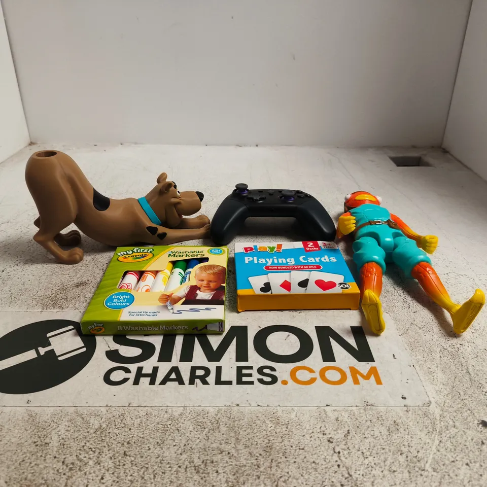 TOTE OF APPROXIMATELY 30 ASSORTED TOY/GAME ITEMS TO INCLUDE GAMES CONTROLLER, MY FIRST CRAYOLA WASHABLE MARKERS, PLAYING CARDS, TOY FIGURES ETC