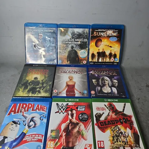 TOTE OF APPROXIMATELY 15 ASSORTED VIDEO GAMES & DVDS TO INCLUDE - XBOX ONE DEAPOOL , XBOX ONE W2K15 , AIRPLANE BLU RAY ETC