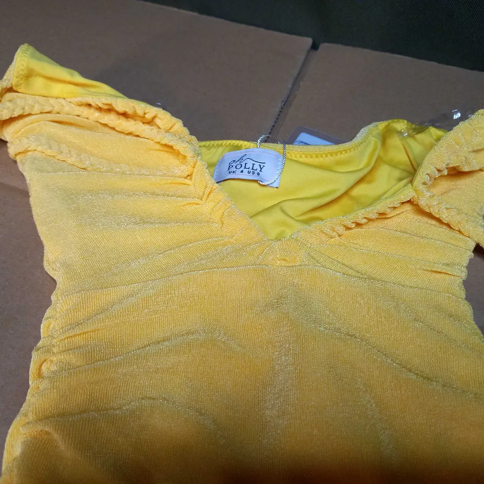 OH POLLY VIBRANT YELLOW RUCHED BODYCON DRESS - SIZE 4