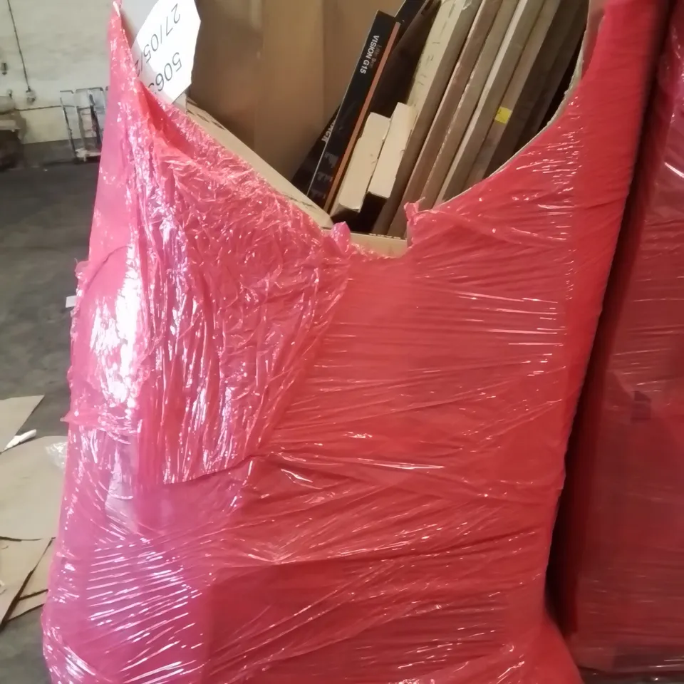 PALLET CONTAINING VARIOUS ASSORTED BOXED HOUSEHOLD ITEMS TO INCLUDE: FULL LENGTH MIRRORS, 5 TIER SHOE RACKS, OFFICE LAMINATORS  AND LOTS MORE UNMARKED BOXED ITEMS 