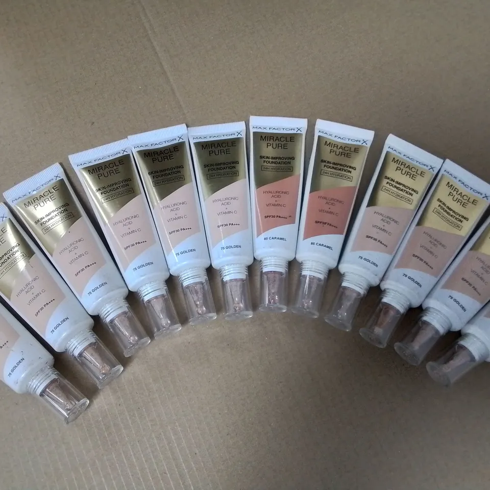 LOT OF 12 MAX FACTOR MIRACLE PURE SKIN IMPROVING FOUNDATIONS - 75 GOLDEN & 85 CARAMEL