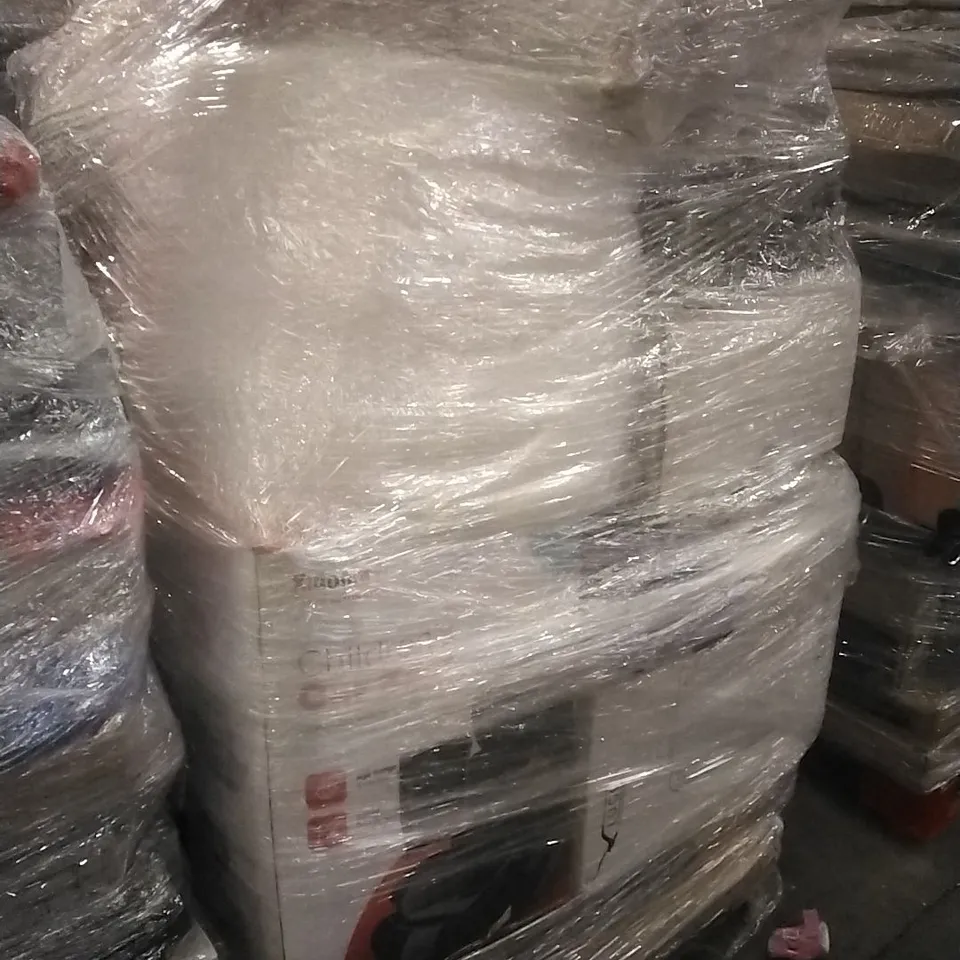 PALLET CONTAINING A LARGE QUANTITY OF ASSORTED HOUSEHOLD GOODS WHICH INCLUDE; CAR SEAT, SUITCASES, PARASOL BASE ETC
