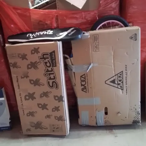 PALLET OF ASSORTED HOUSEHOLD GOODS AND PRODUCTS TO INCLUDE;KIDS BIKE,KIDS BIKE,TENNIS RACKET 