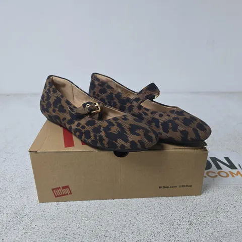 FITFLOP LEOPARD PRINT SUEDE MARY JANE BALLERINAS – UK 6 (US 8, EU 39) – CHOCOLATE MIX