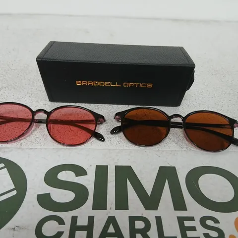 BRADELL OPTICS ROUND SUNGLASSES – BLACK FRAMES, RED & BROWN LENSES (PAIR) WITH CASE