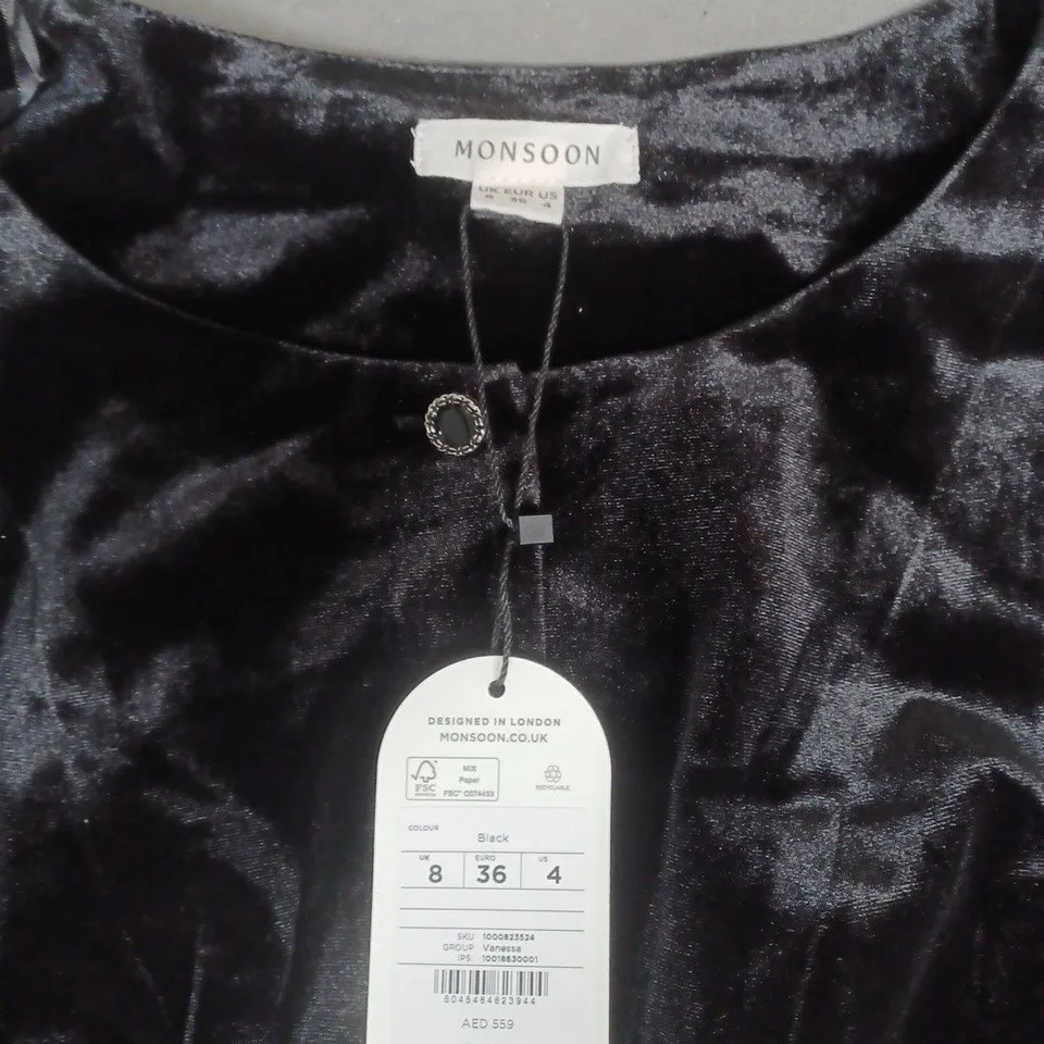 MONSOON VELVET DRESS, BLACK, UK 8 (EU 36) US 4