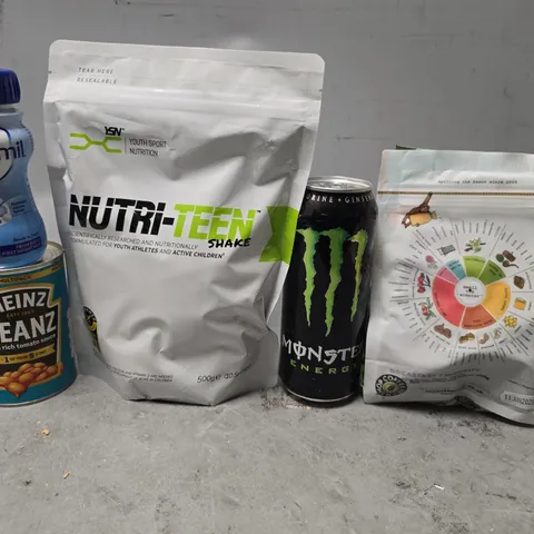 APPROXIMATELY 8 ASSORTED FOOD & DRINK ITEMS TO INCLUDE - HUEL , HEINZ BEANZ, MONSTER ETC