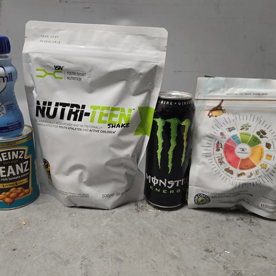 APPROXIMATELY 8 ASSORTED FOOD & DRINK ITEMS TO INCLUDE - HUEL , HEINZ BEANZ, MONSTER ETC