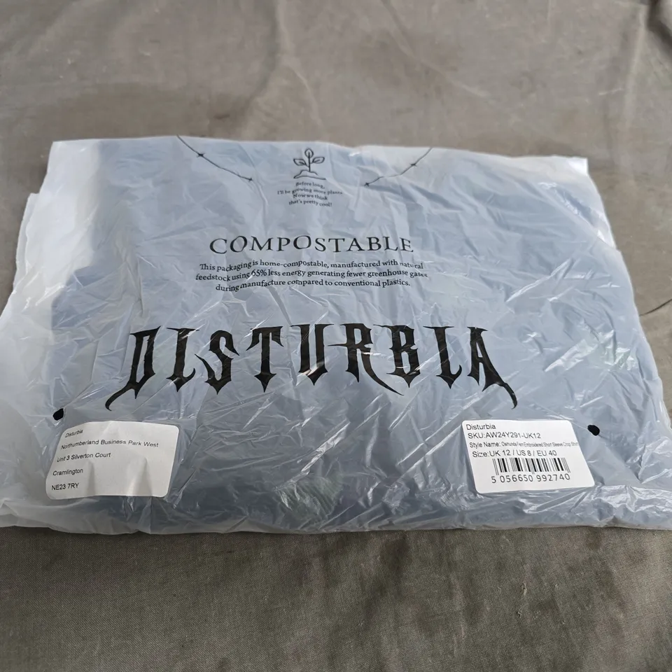 BAGGED DISTURBIA OSMUNDA FERN EMBROIDERED SHORT SLEEVE CROP SHIRT – UK 12