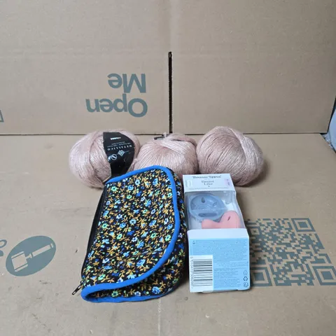 TOTE OF APPROXIMATELY 15 ASSORTED HOUSEHOLD ITEMS TO INCLUDE WOOL, TOMMEE TIPPEE ORTHODONTIC, SMALL BAG ETC