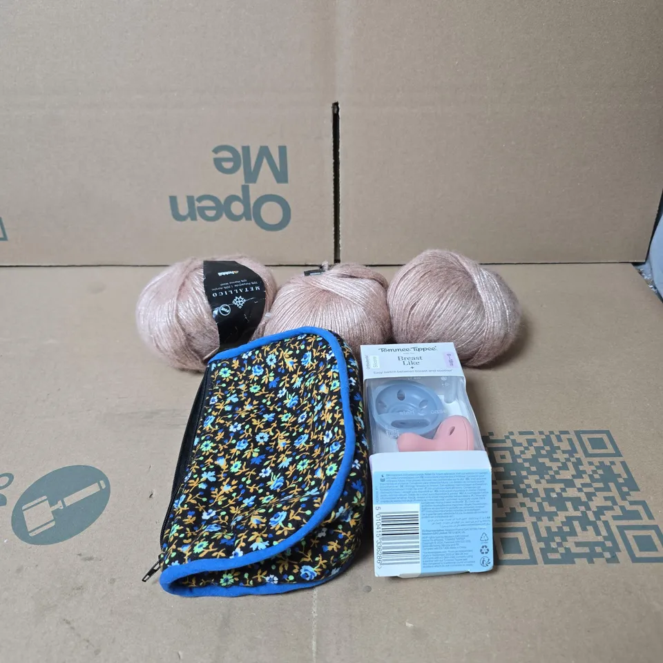 TOTE OF APPROXIMATELY 15 ASSORTED HOUSEHOLD ITEMS TO INCLUDE WOOL, TOMMEE TIPPEE ORTHODONTIC, SMALL BAG ETC