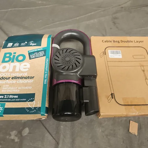 LARGE BOX OF APPROX 10 ASSORTED HOUSEHOLD ITEMS TO INCLUDE BIO ONE ODOUR ELIMINATOR STARTER PACK + SURFACE CLEANER; UNIDENTIFIED HANDHELD CLEANING DEVICE; CABLE BAG DOUBLE LAYER