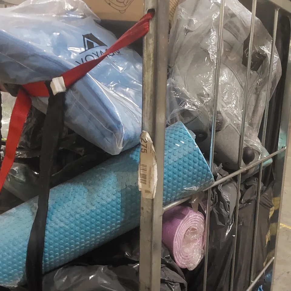 CAGE CONTAINING A LARGE QUANTITY OF ASSORTED ITEMS INCLUDING: BABY BATH SEAT, FOAM ROLLER, YOGA MAT ECT - CAGE NOT INCLUDED 