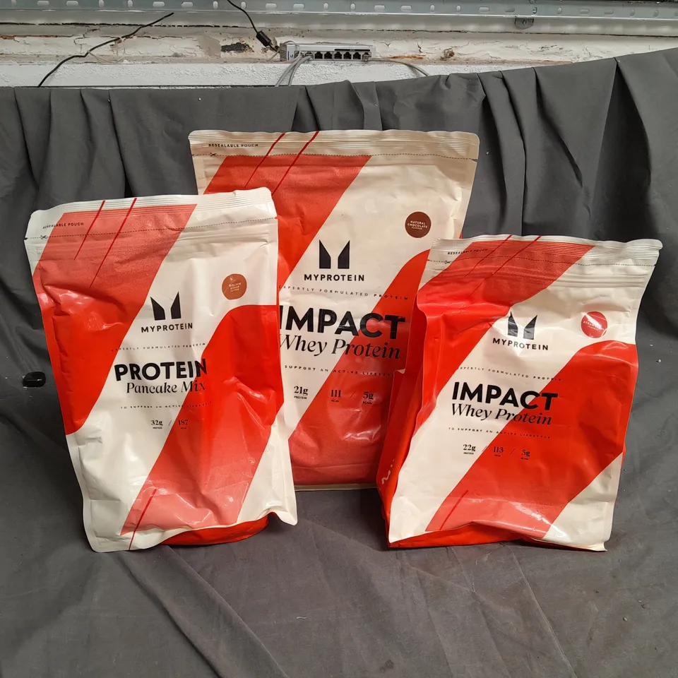 3 ASSORTED FOOD ITEMS TO INCLUDE MY PROTEIN IMPACT WHEY PROTEIN AND PROTEIN PANCAKE MIX 