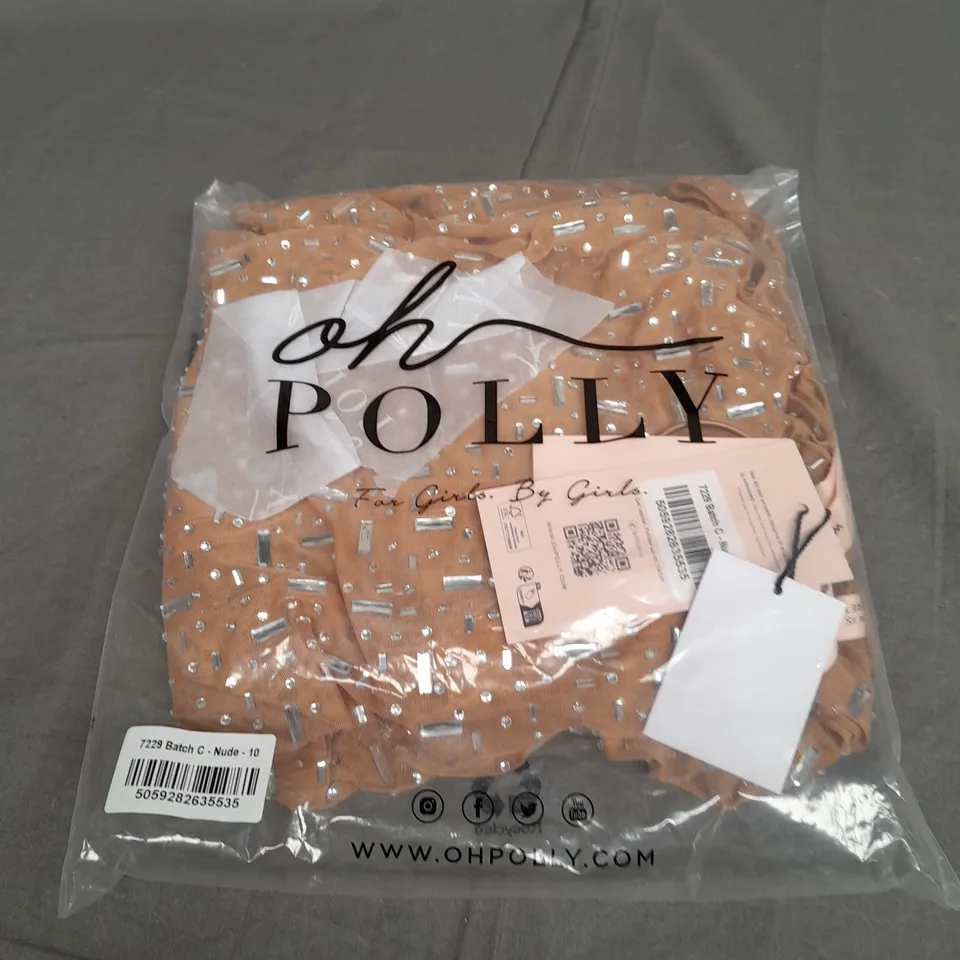 BOXED OH POLLY ANTONELLA SHEER EMBELLISHED SCOOP NECK EVENING GOWN IN BEIGE - SIZE 10