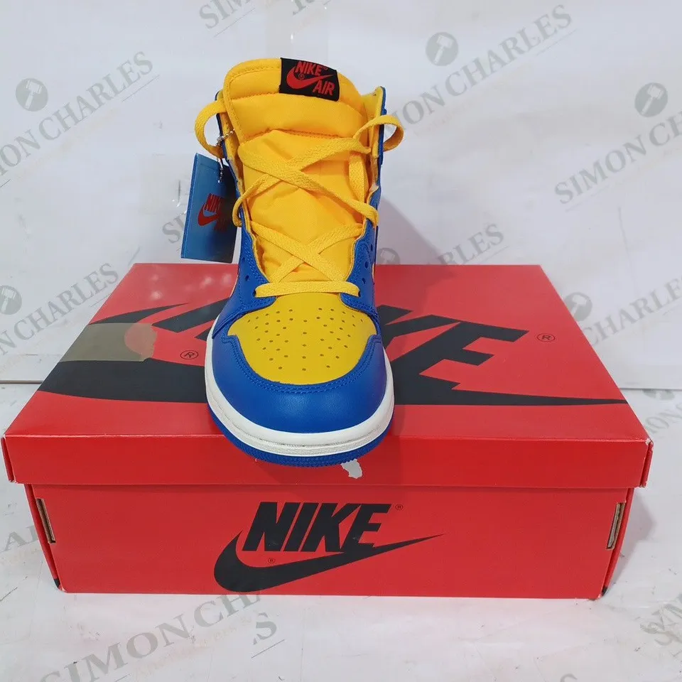 BOXED PAIR OF NIKE AIR JORDAN RETRO 1 HI SHOES IN YELLOW/BLUE UK SIZE 6