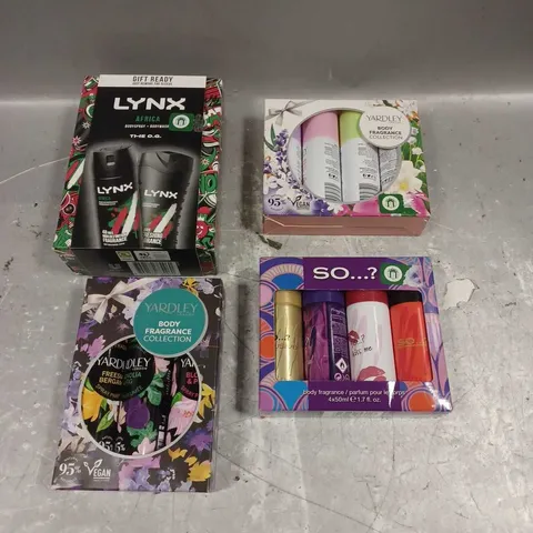 LOT OF 4 ASSORTED COSMETIC BOXSETS TO INCLUDE - LYNX AFRICA BODY DUO - YARDLEY BODY FRAGRANCE COLLECTION - SO..? BODY FRAGRANCE COLLECTION