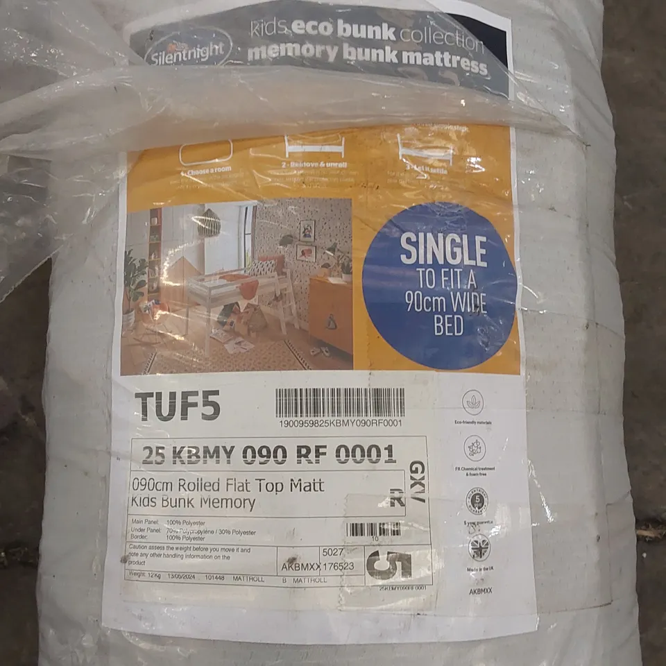 QUALITY BAGGED AND ROLLED SILENTNIGHT KIDS 90cm SINGLE ECO BUNK FLAT TOP MEMORY FOAM MATTRESS