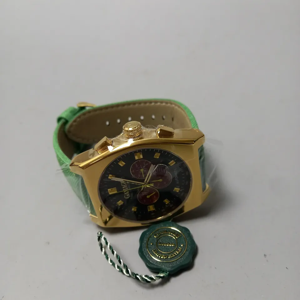 GAMAGES RETRO CALIBRE GOLD GREEN WATCH 