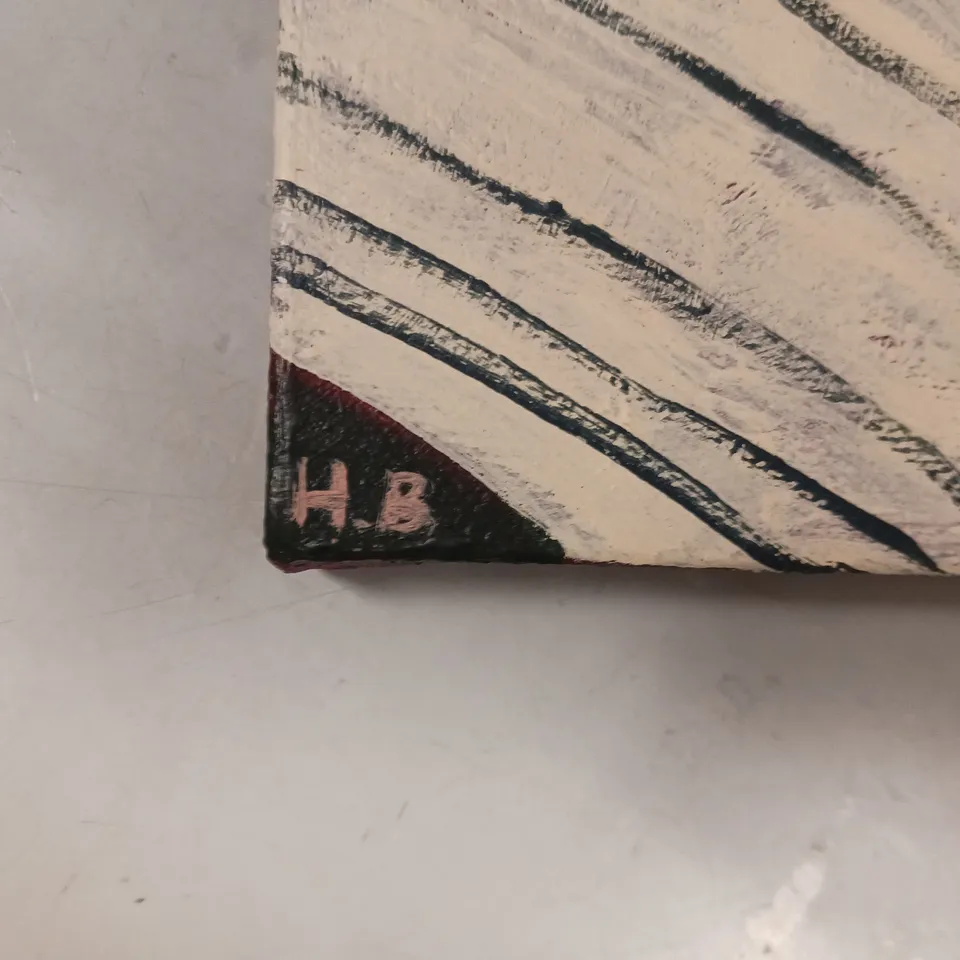 HB INITIALISED 'THAT UNFAMILIAR FEELING/THE HAT THAT SAT RIGHT' ACRYLIC CANVAS PAINTING