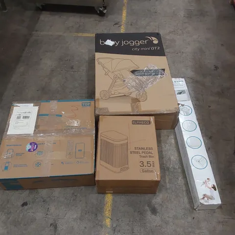 PALLET OF ASSORTED ITEMS INCLUDING: BABY JOGGER, CEILING FAN LIGHT, PEDAL BIN, RETRACTABLE SAFETY GATE ECT