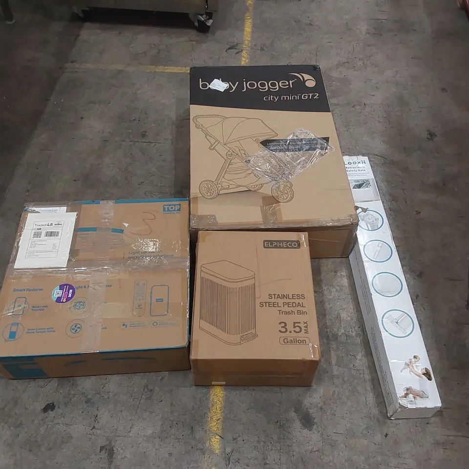 PALLET OF ASSORTED ITEMS INCLUDING: BABY JOGGER, CEILING FAN LIGHT, PEDAL BIN, RETRACTABLE SAFETY GATE ECT