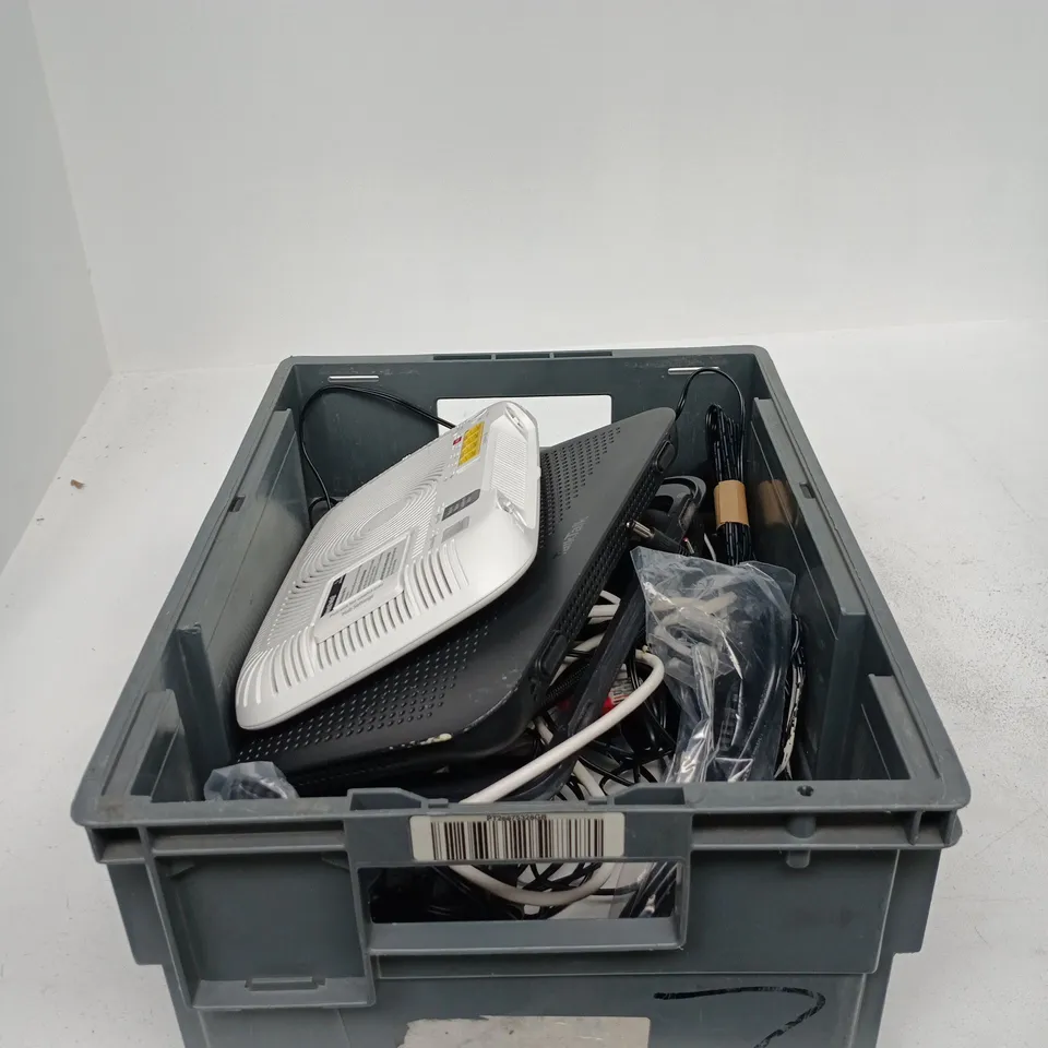 TOTE OF APPROXIMATELY 12 ASSORTED ITEMS TO INCLUDE TALK TALK ROUTER, PLUSNET ROUTER, POWER SUPPLIES ETC