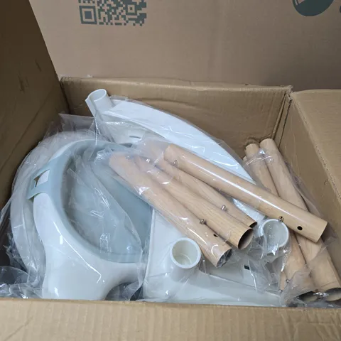 BABY DINING CHAIR – WHITE SHELL WITH WOODEN LEGS, BOXED