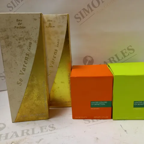 LOT OF 4 ASSORTED FRAGRANCES TO INCLUDE 2 X 75ML ULRIC DE VARENS SO VARENS EAU DE PARFUM & 2 X 40ML UNITED COLORS OF BENETTON