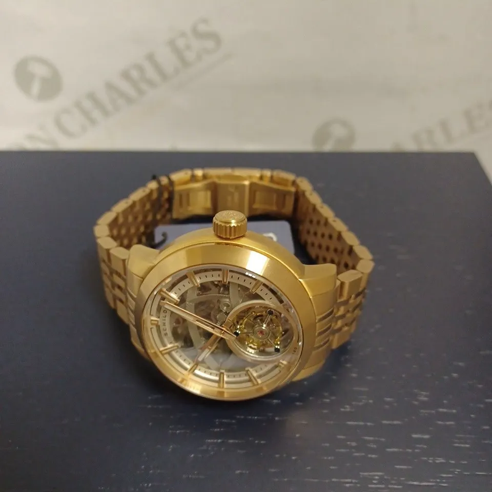 BOXED SCHILD LIMITED EDITION WATCH - SAPPHIRE CRYSTAL - ALL STAINLESS STEEL, LEATHER STRAP - SKELETON FACE - WATER RESISTANT 10 ATM - TOURBILLON. 