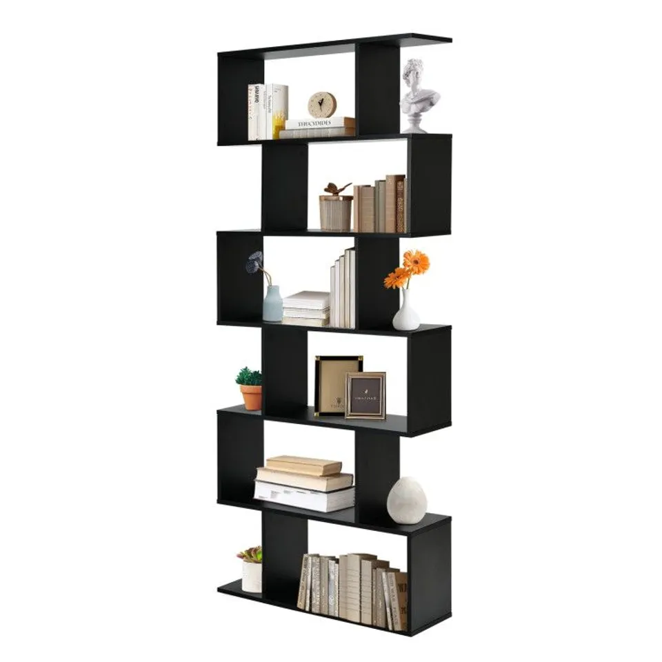 BOXED COSTWAY 6 TIER S-SHAPED BOOKSHELF STORAGE DISPLAY BOOKCASE DECOR Z-SHELF