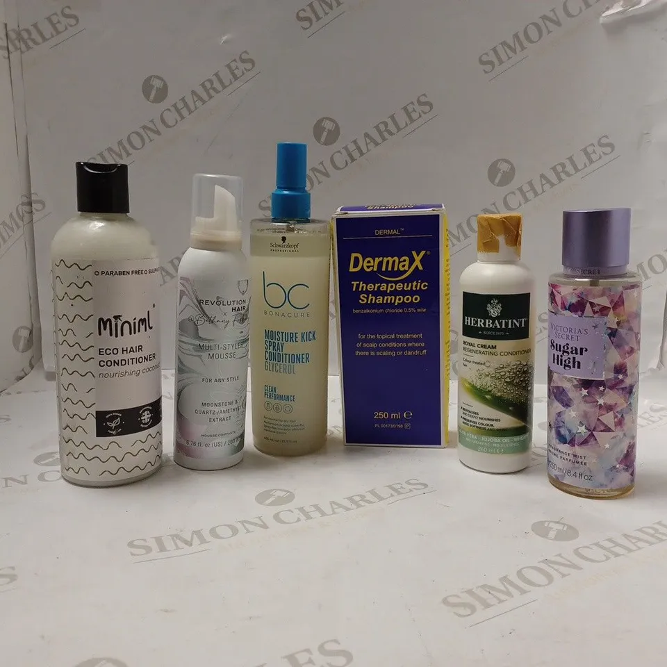 BOXED ASSORTED HAIR CARE PRODUCTS INCLUDING DERMAX THERAPEUTIC SHAMPOO AND MINIML ECO HAIR CONDITIONER