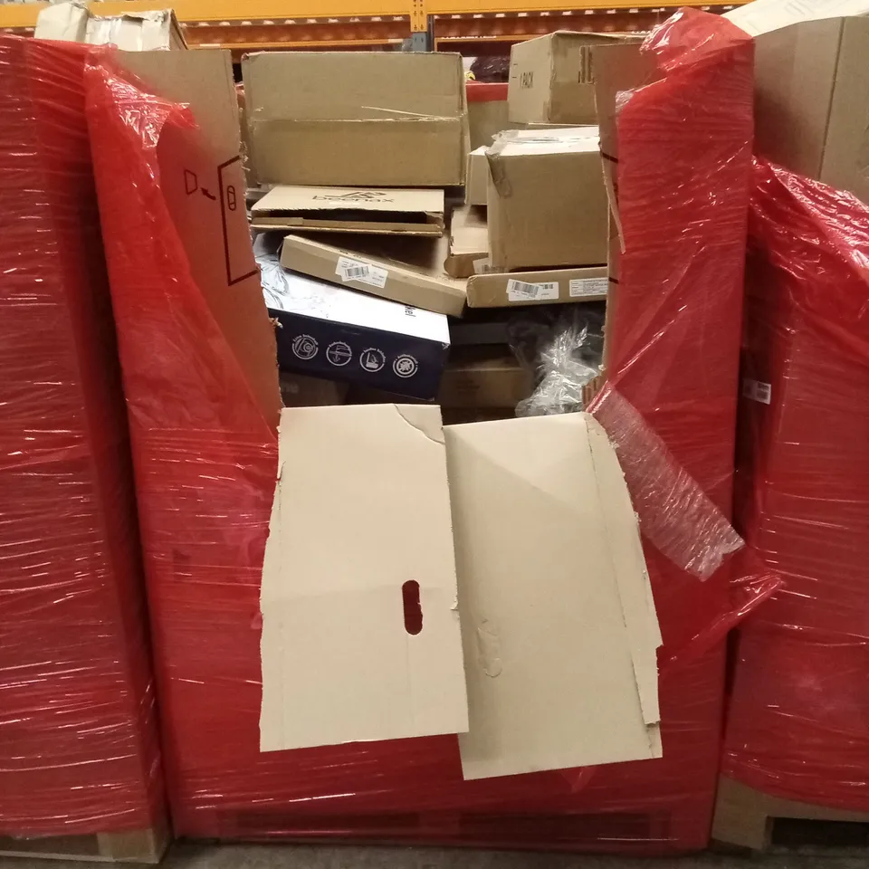 PALLET OF ASSORTED HOUSEHOLD GOODS AND PRODUCTS TO INCLUDE; BLINDS, WALL MIRROR, TOILET SEATS ETC
